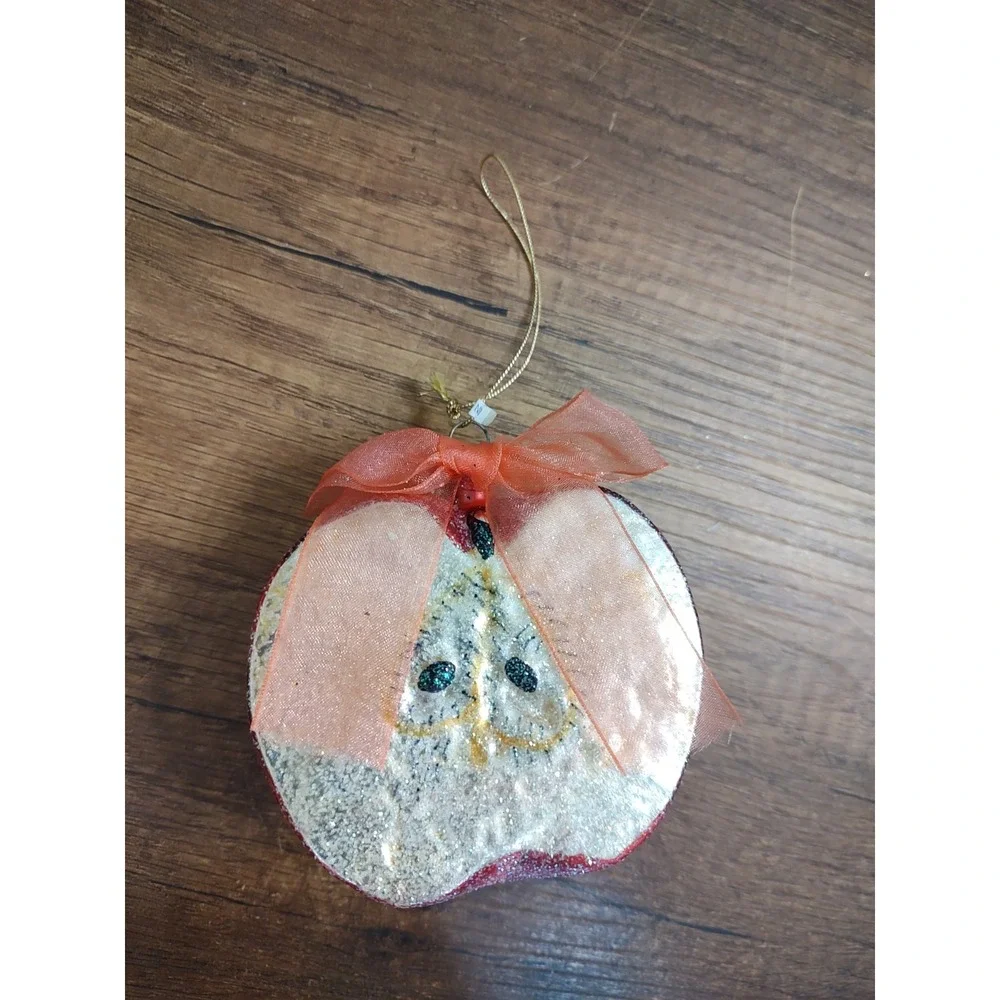Vintage Frosted Sugared Apple Fruit Slice Glass Christmas Ornament B1